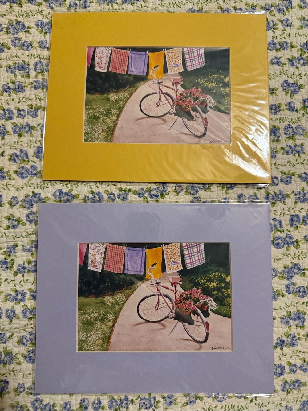 Home Accents Yellow and Lavender Bicycle Print Matboard Set